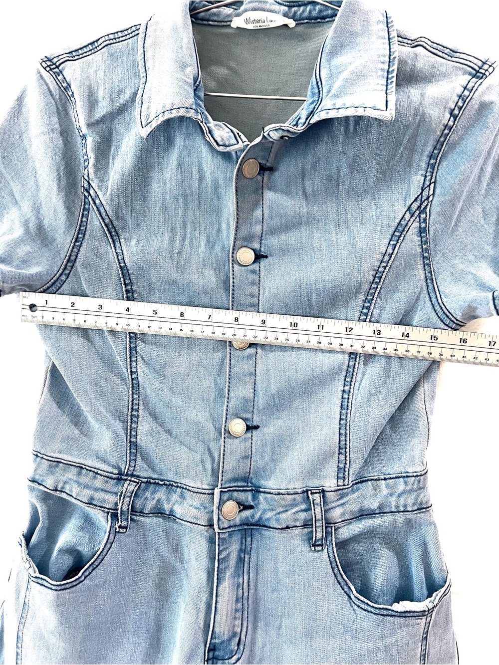 Wisteria Lane Denim Jumpsuit Bell Bottom Boho Western size Large - Picture 6 of 10